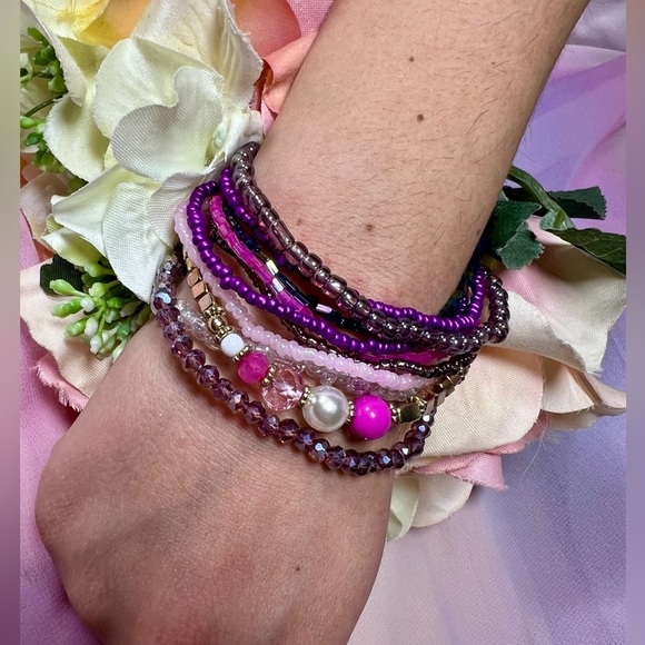 Royal Raspberry Beaded Bracelet Stack with Elastic OS - Picture 3 of 7